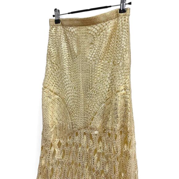 NWT Elegant Euro | SZ S | Knotted Crochet Lace Gold Metallic A-Line Maxi Skirt - Picture 10 of 11